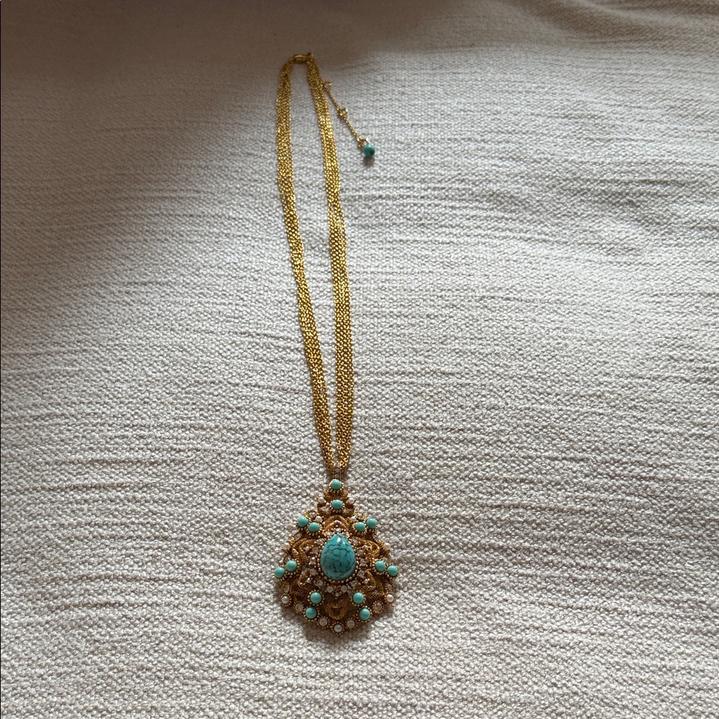 New Yosca Gold Pleated And Turquoise Pendant Necklace With Crystals